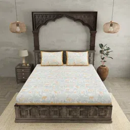 JaipurFabric Mustard & Teal Cotton 254 TC Wildlife Super King Size Bedsheet with 2 Pillow Covers-image-6