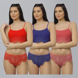 AROUSY Red & Blue Self Pattern Bra Panty Set - Pack Of 3-picture-17