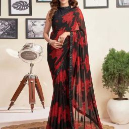 Satrani Black & Red Floral Print Saree With Unstitched Blouse-image-56