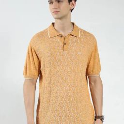 Monte Carlo Mustard Cotton Regular Fit Self Pattern Polo T-Shirt-0