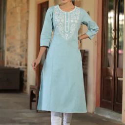 Juniper Blue Ethnic Motif Printed Cotton Flex Straight Kurta With Thread Embroidery-image-12