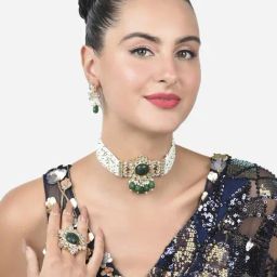 Zaveri Pearls Green Stones & Beads Multistrand Choker Necklace Earring & Ring Set-ZPFK15201-12