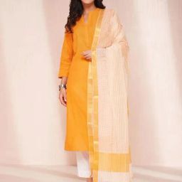 Fabindia Orange Cotton Straight Kurta With Dupatta-image-20