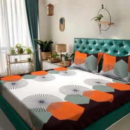 HOSTA HOMES Multicolor Polycotton 280 TC Queen Size Fitted Bed Sheet with 2 Pillow Covers-47