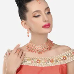 Zaveri Pearls Peach Stones & Beads Ethnic Necklace Earring Maangtikka & Ring Set-ZPFK15146-image-5