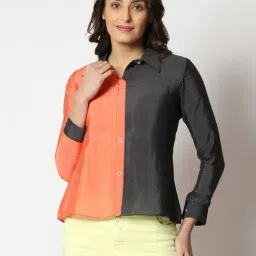 Prettify Black & Orange Color-Block Shirt Style Top-image-83