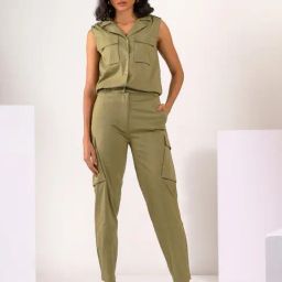 Mabish By Sonal Jain Top With Stretchable Cotton Lycra Cargos Set In Khaki Green-picture-2