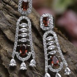 Zeneme Rhodium Plated Silver Toned Red AD Studded Drop Earrings-1