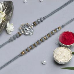 eCraftIndia Grey, Golden & Silver Pearl Rakhis with Roli Chawal Pack - Set of 2-11