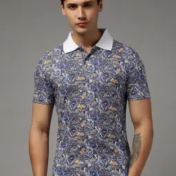 Kryptic White & Blue Regular Fit Printed Cotton Polo T-Shirt-image-18