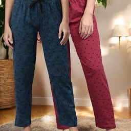Kryptic Maroon & Light Blue Cotton Relaxed Fit Printed Lounge Pants - Pack of 2-image-93