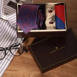 Louis Philippe Navy & Red Embroidered Tie with Pocket Square & Cufflinks-picture-23