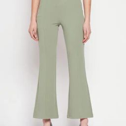MADAME Sage Green Flared Fit Mid Rise Trousers-image-44