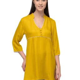 PATRORNA Mustard Regular Fit Pleated Tunic-image-100
