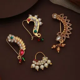 Aatmana Stone-Studded & Pearl Beaded Marathi Nosepin for Women - Pack of 4-41