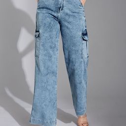 Life With Pockets Women Wide Leg High-Rise Heavy Fade Stretchable Cargo Styles Jeans-image-90