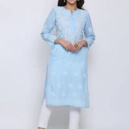PARAMOUNT CHIKAN Sky Blue Cotton Embroidered Straight Kurta-picture-39
