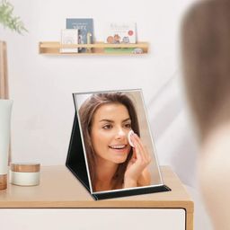 IAZO Makeup Mirror, Folding Tabletop Mirror with Super HD Glass & PU Leather, Portable Desktop Mirror with Adjustable Stand for Home & Office Desk, Vanity Table, Travel (Black Pack of 1) image 5