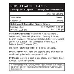 INLIFE Vitamin D3 Cholecalciferol Supplement with Coconut Oil for Better Absorption, For Men & Women, Immunity, Bone Health, Muscles - 60 Capsules image 2