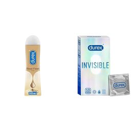 Durex Real Feel Long-Lasting Lubricant - 50ml | Silicone Lube lasts 3X Longer vs Water-Based Lube | Non-Sticky, Smooth and Warm & Durex Invisible Super Ultra Thin Condoms for Men - 10 Count COMBO image 1
