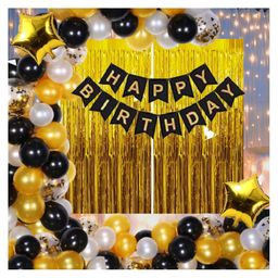Bubble Trouble Happy Birthday Decoration Kit Pack of 61 Combo with 2 Pcs Gold Fringe Foil Curtains 1 Pc Black Banner 1 Pc Arch 50 Pcs Black Gold Silver Balloons for Kids Birthday Decoration Items-image-19