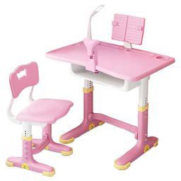 SYGA Kids Height Adjustable Study Desk and Chair Set With Eye Protection Lamp Bookshelf - Pink-13