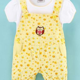 Wonderchild Short Sleeves Floral Printed Dungaree With Tee - Yellow-image-13