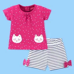 Babyhug Cotton Knit Half Sleeves Night Suit With Dots Print & Kitty Patch - Pink-picture-15
