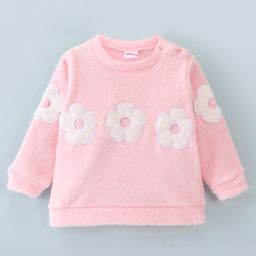 Babyhug Cotton Knit Full Sleeves Fur Sweatshirt with Floral Applique - Pink-image-37