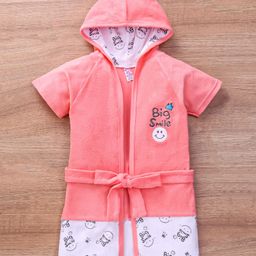 Pink Rabbit Terry Half Sleeves Hooded Bath Robe Big Smile Print - Coral Red-image-91
