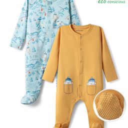 Babyoye 100% Cotton Knit Full Sleeves Sleep Suits With Winter Print Pack of 2 - Light Blue & Yellow-image-85