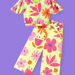 Ollington St. 100% Cotton Knit Half Sleeves Floral Printed Top & Culottes Co-Ord Set - Light Yellow-picture-30