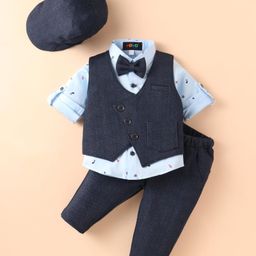Robo Fry Lycra Knit Full Sleeves Nautical Theme Printed 3 Piece Party Suit With Bow & Hat - Light Blue & Charcoal Grey-picture-40