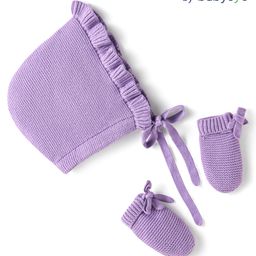 Babyoye Cotton Knit Solid Woollen Cap & Mittens with Knot Lilac - Diameter 15 cm-image-99