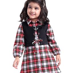 Babyhug Woven Full Sleeves Collared Checkered Frock & Jacket with Knot Detailing - Red & Black-image-26