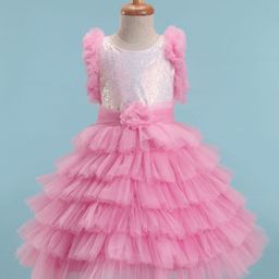 Bluebell Net Woven Sleeveless Party Dress With Sequinned Yoke & Floral Applique - Pink-image-62
