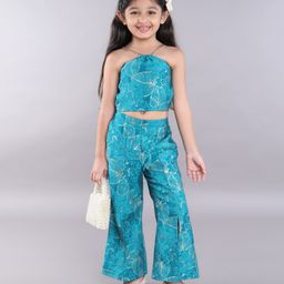 Taffykids Halter Neck Chain Detaileded Leaves Printed Crop Top With Coordinating Front Slit Pant Set - Teal-image-43