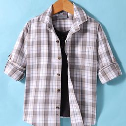 Dapper Dudes Full Sleeves Checked Shirt With Attached Tee - Brown-image-9