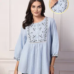 Zelena 100% Cotton Three Fourth Sleeves Floral Embroidery Maternity Zipless Feeding Top With Nursing Access - Baby Blue-picture-25