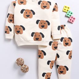 TOONYPORT Cotton Full Sleeves Dog Printed Sweatshirt With Coordinating Joggers Set - Cream-picture-31