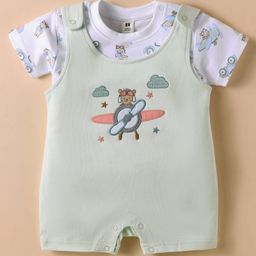 ToffyHouse Cotton Woven Half Sleeves Inner Tee & Dungarees Style Romper with Aeroplane Embroidery - Sea Green & White-image-65