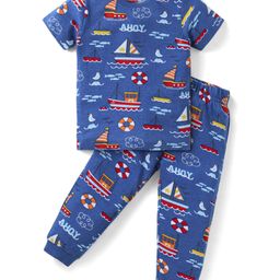 Babyhug Cotton Knit Half Sleeves Night Suit with Nautical Theme Print - Navy Blue-image-102
