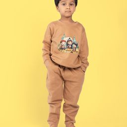 Orange Sugar Cotton Full Sleeves Camping Theme Printed Sweatshirt With Joggers Set - Brown-picture-5
