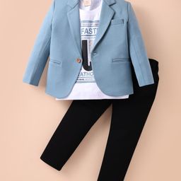 Rikidoos Embosis Hoisery Run Text Printed Tee & Pant With Full Sleeves Blazer Set - Light Blue & Black-image-93