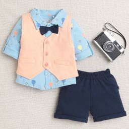 BUMZEE Cotton Full Sleeves Solid & Parachute Printed 3 Pieces Party Suit - Sky & Navy Blue-image-120