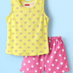 Babyhug 100% Cotton Single Jersey Knit Sleeveless Sando & Shorts Set With Floral & Polka Dots Print - Yellow & Pink-image-24