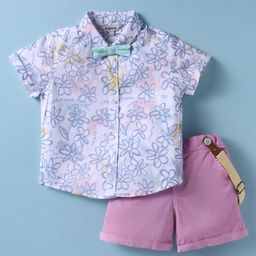 ToffyHouse Poplin Woven Half Sleeves Shirt & Shorts Set with Bow Suspender & Floral Print- Lilac & White-image-37