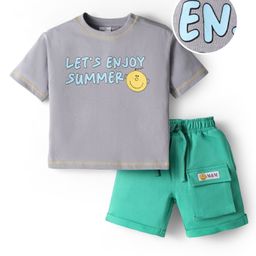 Mark & Mia Cotton Knit Half Sleeves T-Shirt & Shorts Set With Pocket & Graphics Detailing - Light Grey & Green-image-84