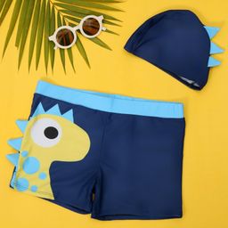 Yellow BeeDinosaur Printed Trunks With Cap - Blue-image-100