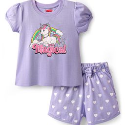 Babyhug Cotton Knit Frill Sleeves Shorts Night Suit With Unicorn Print - Lavender-image-80